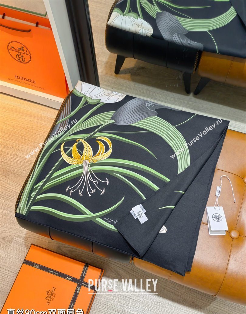Hermes Bouquets Final Silk Square Scarf 90x90cm Black 2025 (XMN-251111178)
