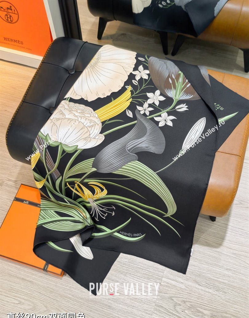 Hermes Bouquets Final Silk Square Scarf 90x90cm Black 2025 (XMN-251111178)