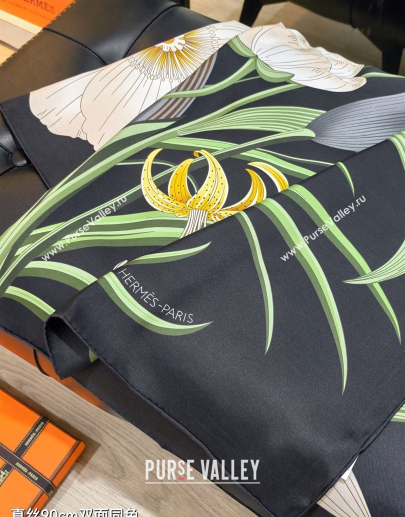 Hermes Bouquets Final Silk Square Scarf 90x90cm Black 2025 (XMN-251111178)