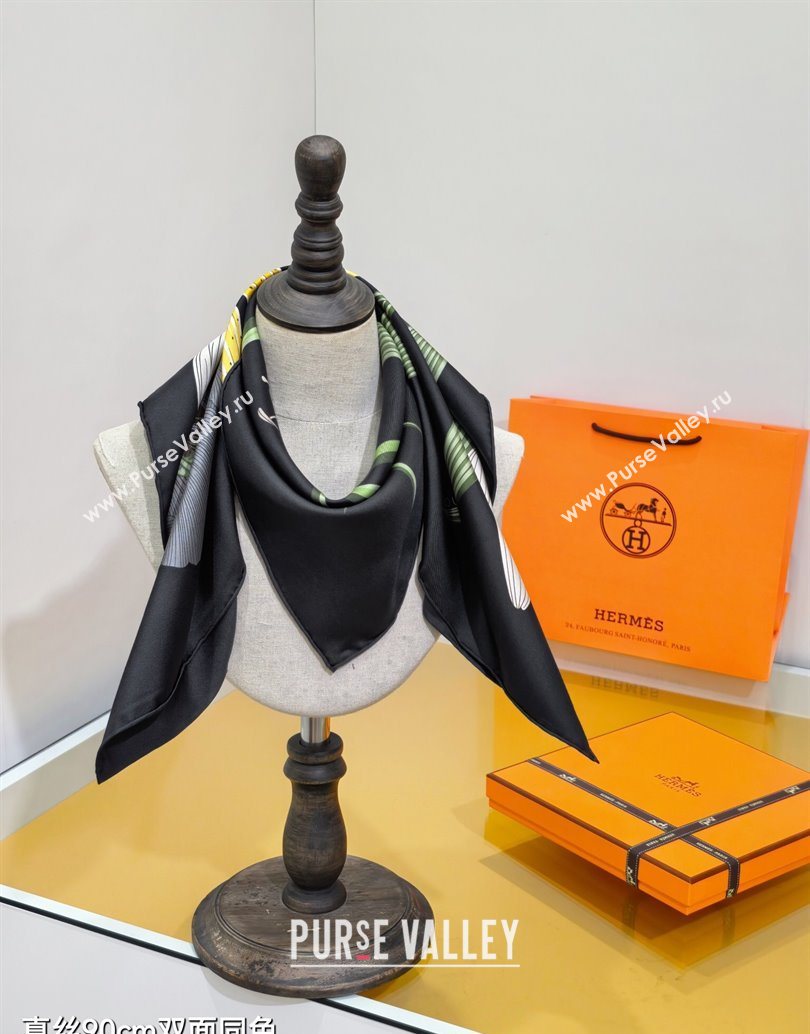 Hermes Bouquets Final Silk Square Scarf 90x90cm Black 2025 (XMN-251111178)