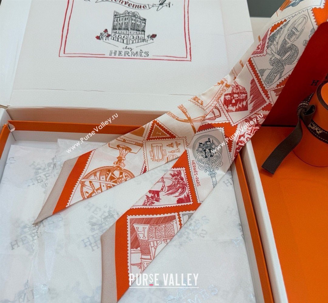 Hermes Le Philateliste du Faubourg Twilly Silk Bandeau Scarf Orange 2026 (SHI-260320001)
