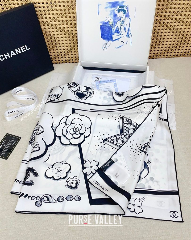 Chanel Silk Square Scarf 90x90cm White 2026 0318 (SHI-260320013)