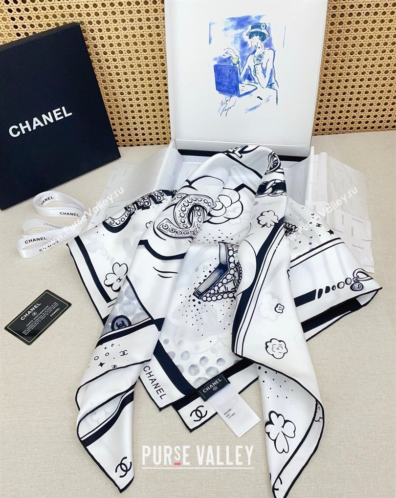 Chanel Silk Square Scarf 90x90cm White 2026 0318 (SHI-260320013)