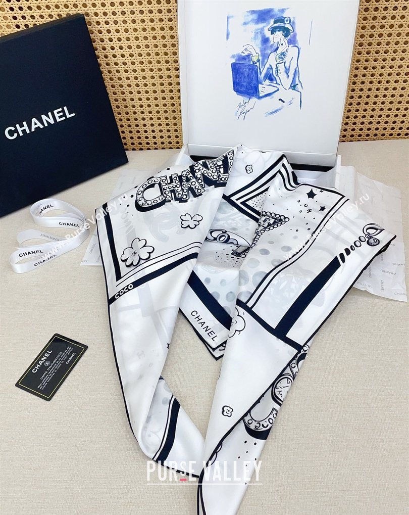 Chanel Silk Square Scarf 90x90cm White 2026 0318 (SHI-260320013)