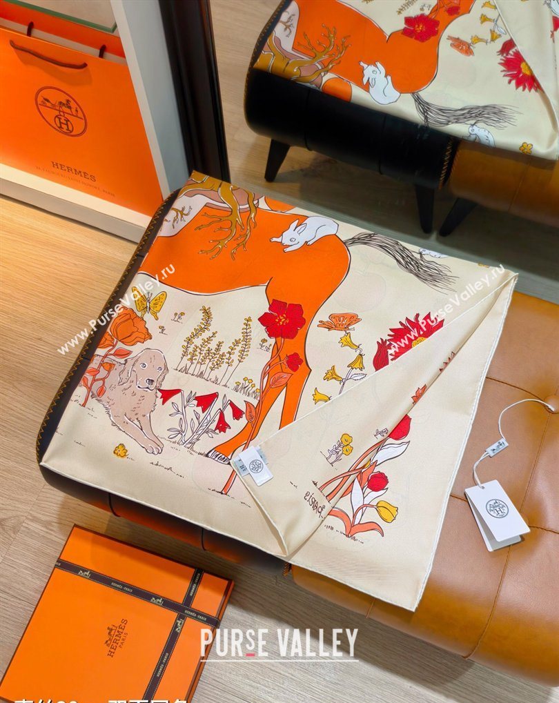 Hermes Carre Le Pommier Sellier Silk Square Scarf 90x90cm Beige 2026 (SHI-260319121)