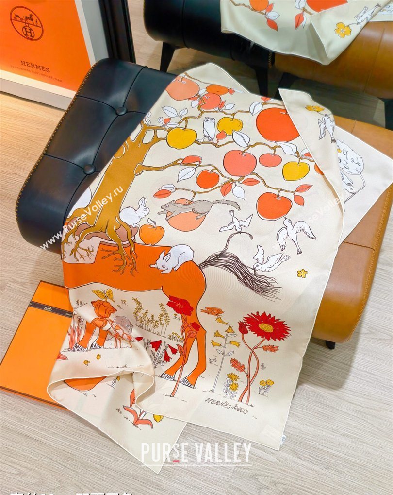 Hermes Carre Le Pommier Sellier Silk Square Scarf 90x90cm Beige 2026 (SHI-260319121)