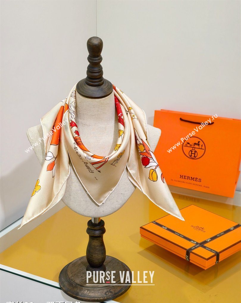Hermes Carre Le Pommier Sellier Silk Square Scarf 90x90cm Beige 2026 (SHI-260319121)