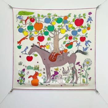 Hermes Carre Le Pommier Sellier Silk Square Scarf 90x90cm Ivory 2026 (SHI-260319124)