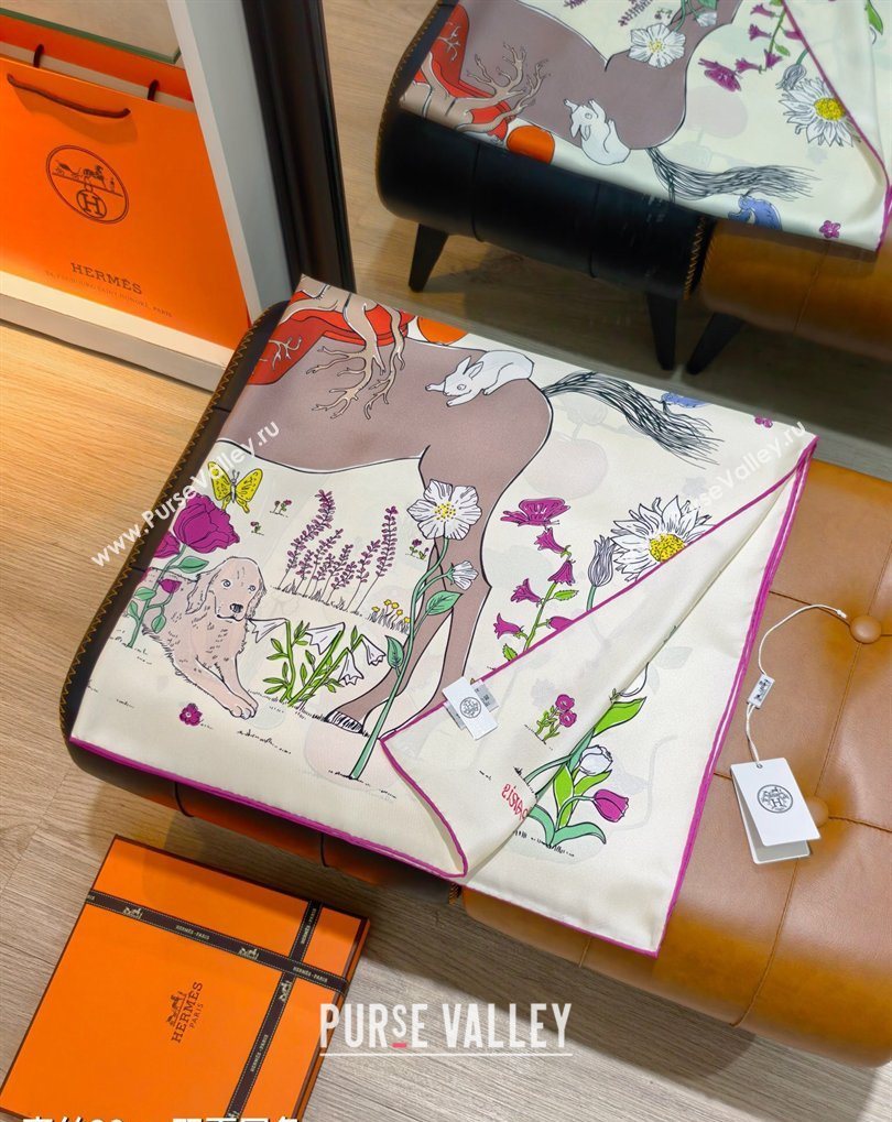 Hermes Carre Le Pommier Sellier Silk Square Scarf 90x90cm Ivory 2026 (SHI-260319124)