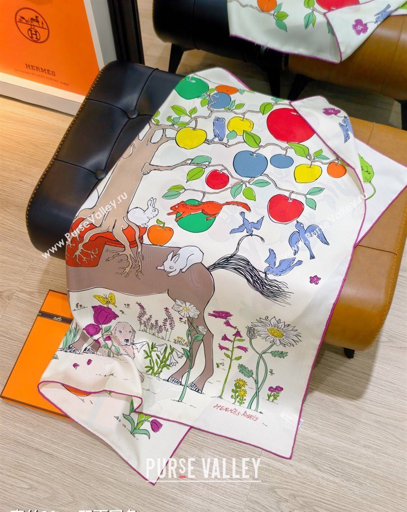 Hermes Carre Le Pommier Sellier Silk Square Scarf 90x90cm Ivory 2026 (SHI-260319124)