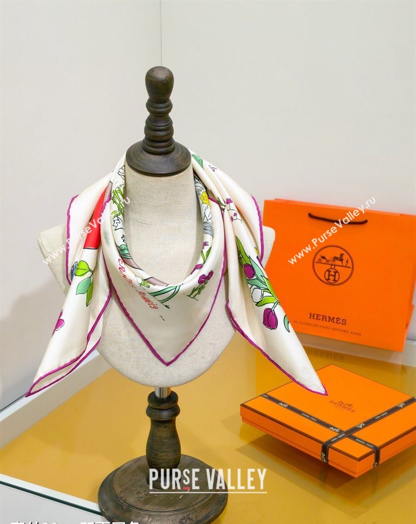 Hermes Carre Le Pommier Sellier Silk Square Scarf 90x90cm Ivory 2026 (SHI-260319124)
