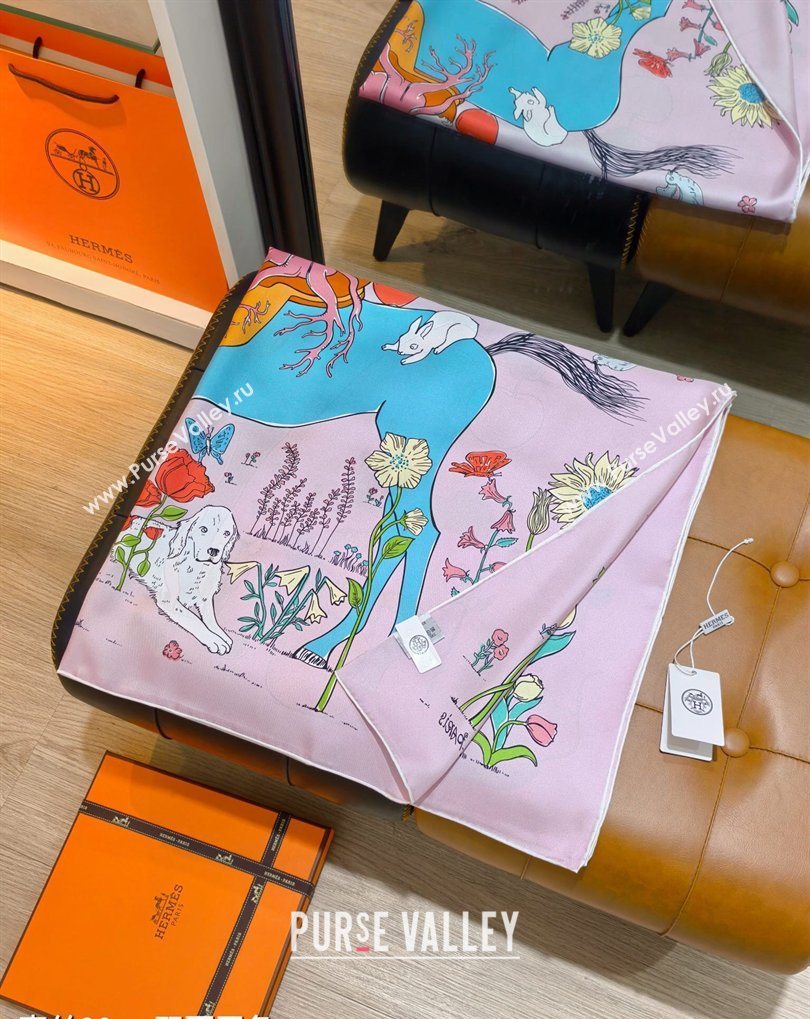 Hermes Carre Le Pommier Sellier Silk Square Scarf 90x90cm Pink 2026 (SHI-260319125)
