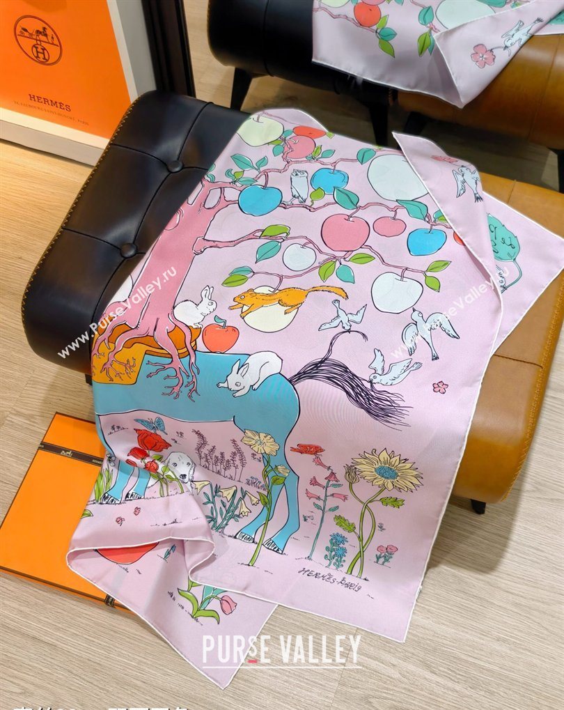Hermes Carre Le Pommier Sellier Silk Square Scarf 90x90cm Pink 2026 (SHI-260319125)