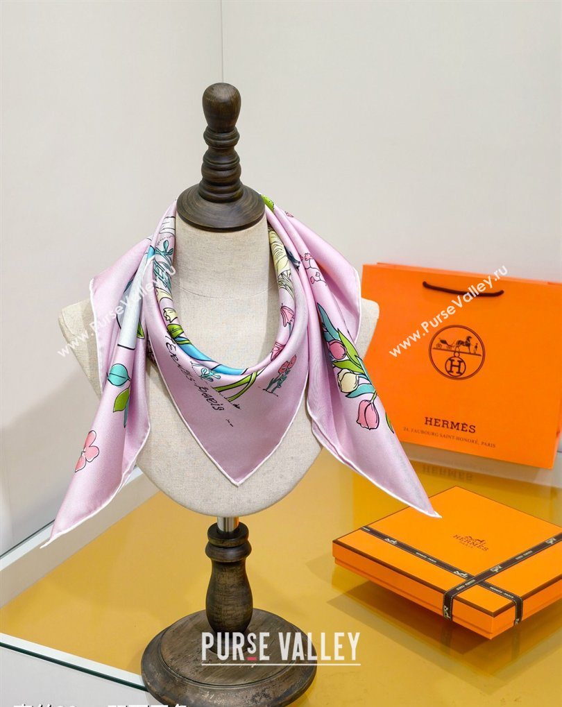 Hermes Carre Le Pommier Sellier Silk Square Scarf 90x90cm Pink 2026 (SHI-260319125)