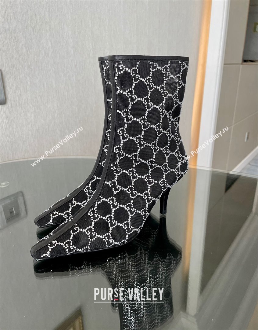 Gucci Crystal GG Mesh Mid-Heel Ankle Boots 7.5cm Black 2023 750228 (MD-230904072)