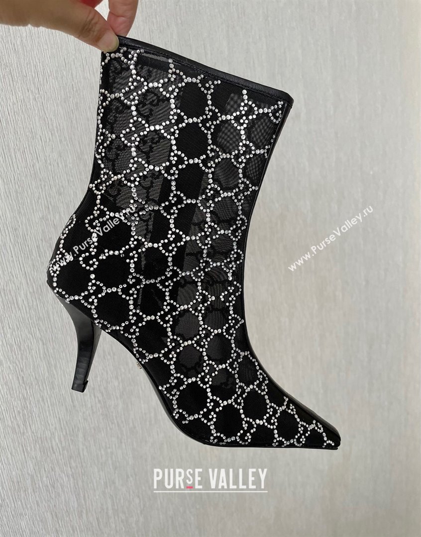 Gucci Crystal GG Mesh Mid-Heel Ankle Boots 7.5cm Black 2023 750228 (MD-230904072)