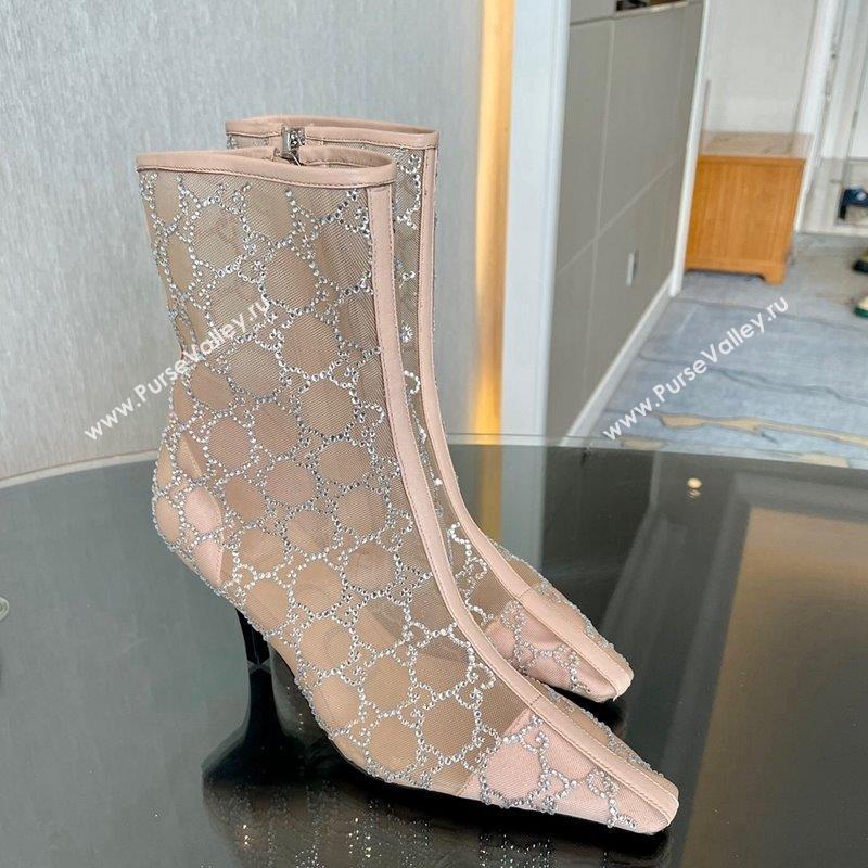 Gucci Crystal GG Mesh Mid-Heel Ankle Boots 7.5cm Nude pink 2023 750228 (MD-230904073)