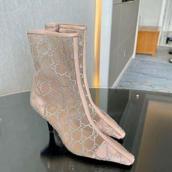 Gucci Crystal GG Mesh Mid-Heel Ankle Boots 7.5cm Nude pink 2023 750228 (MD-230904073)