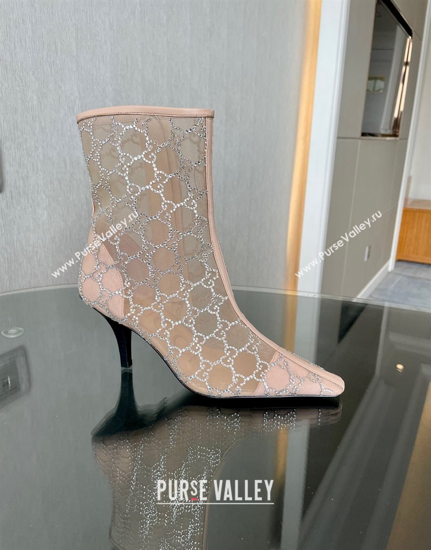 Gucci Crystal GG Mesh Mid-Heel Ankle Boots 7.5cm Nude pink 2023 750228 (MD-230904073)