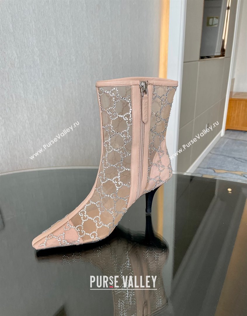Gucci Crystal GG Mesh Mid-Heel Ankle Boots 7.5cm Nude pink 2023 750228 (MD-230904073)