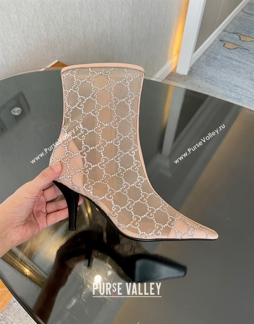 Gucci Crystal GG Mesh Mid-Heel Ankle Boots 7.5cm Nude pink 2023 750228 (MD-230904073)