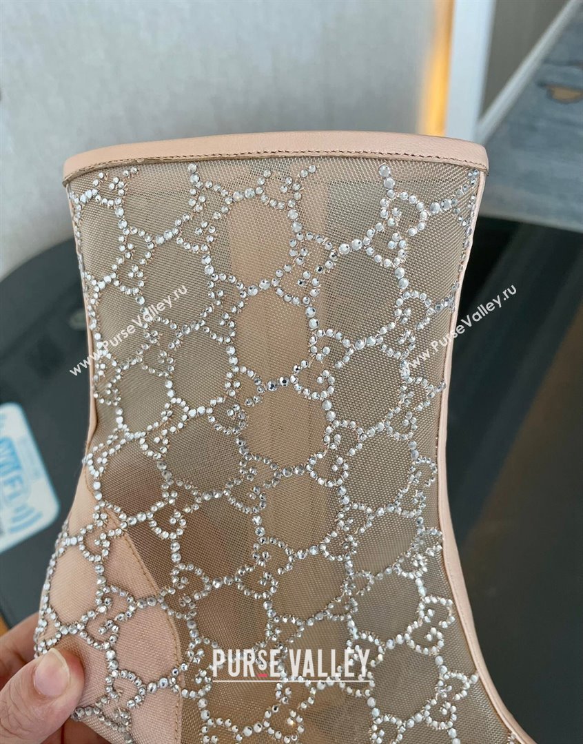 Gucci Crystal GG Mesh Mid-Heel Ankle Boots 7.5cm Nude pink 2023 750228 (MD-230904073)