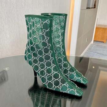 Gucci Crystal GG Mesh Mid-Heel Ankle Boots 7.5cm Green 2023 750228 (MD-230904074)