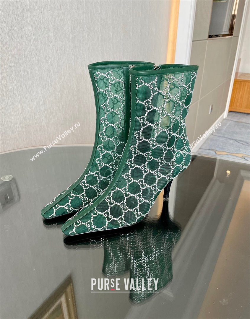 Gucci Crystal GG Mesh Mid-Heel Ankle Boots 7.5cm Green 2023 750228 (MD-230904074)