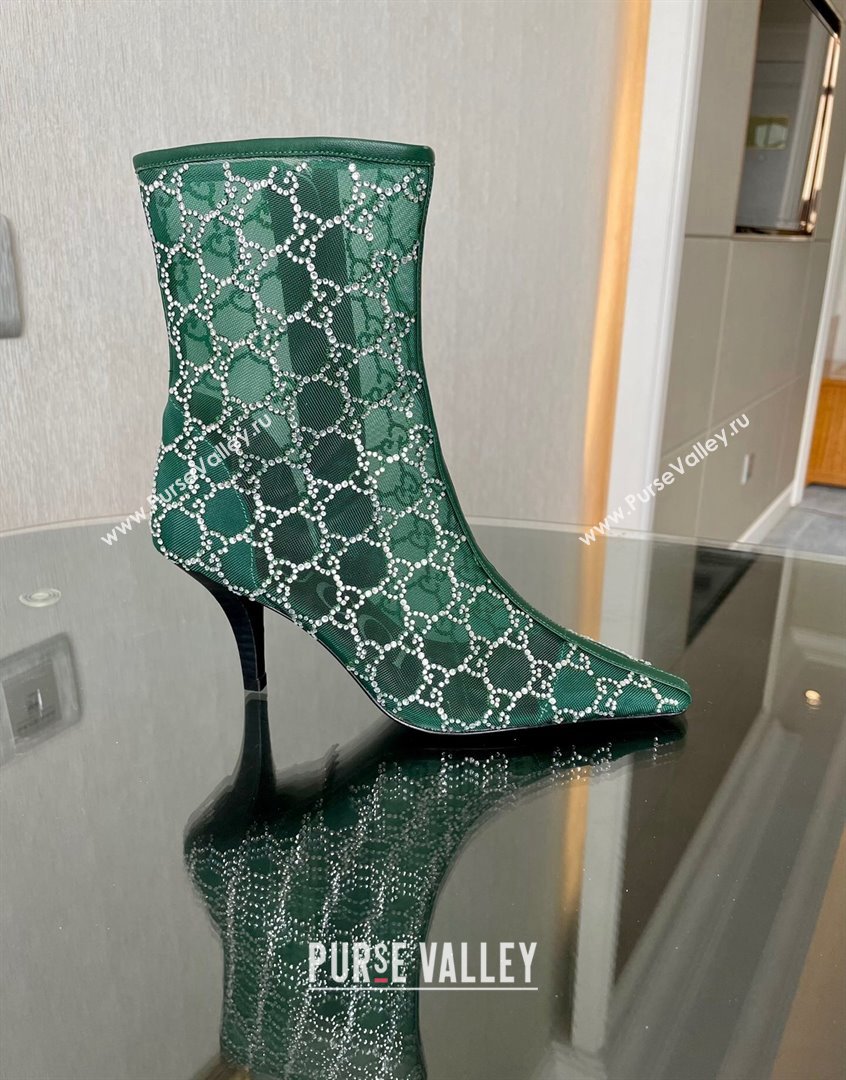 Gucci Crystal GG Mesh Mid-Heel Ankle Boots 7.5cm Green 2023 750228 (MD-230904074)