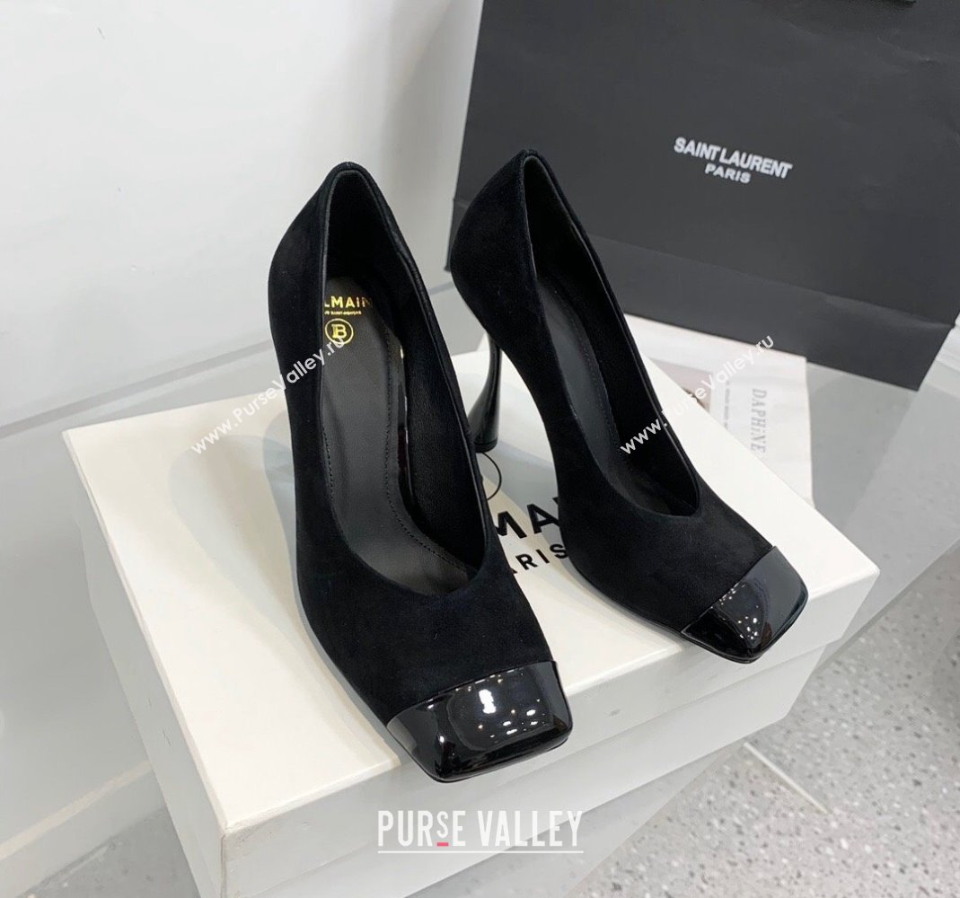 Balmain Square Pumps 10cm in Suede and Patent Leather All Black 2024 0105 (KER-240105004)