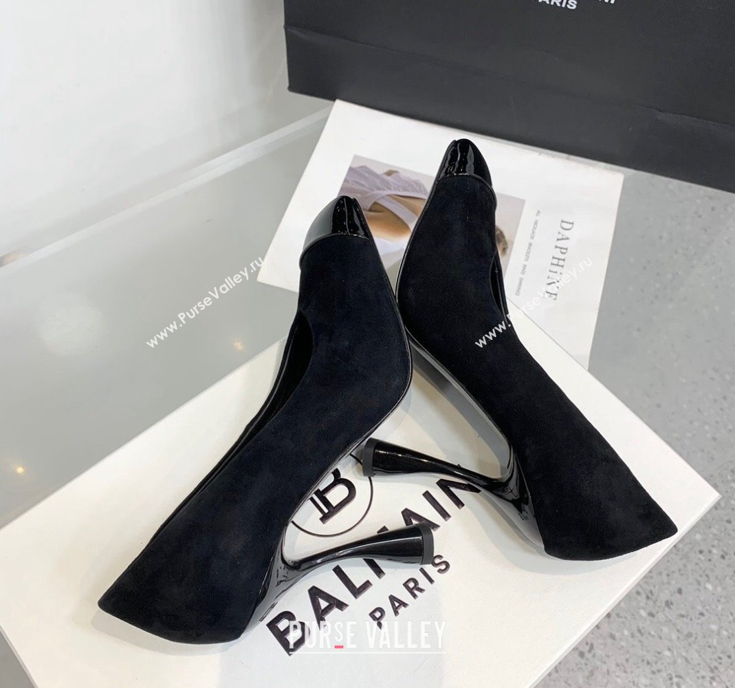 Balmain Square Pumps 10cm in Suede and Patent Leather All Black 2024 0105 (KER-240105004)