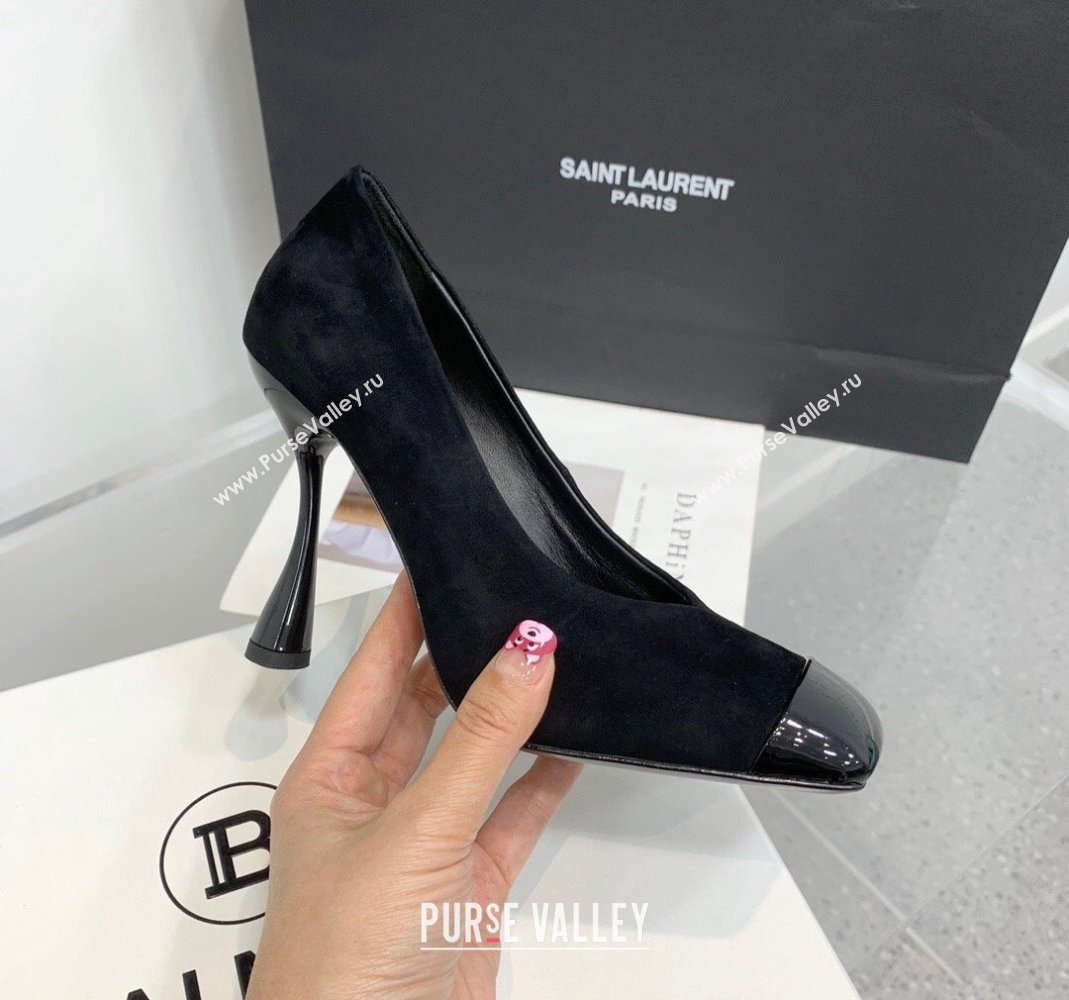 Balmain Square Pumps 10cm in Suede and Patent Leather All Black 2024 0105 (KER-240105004)