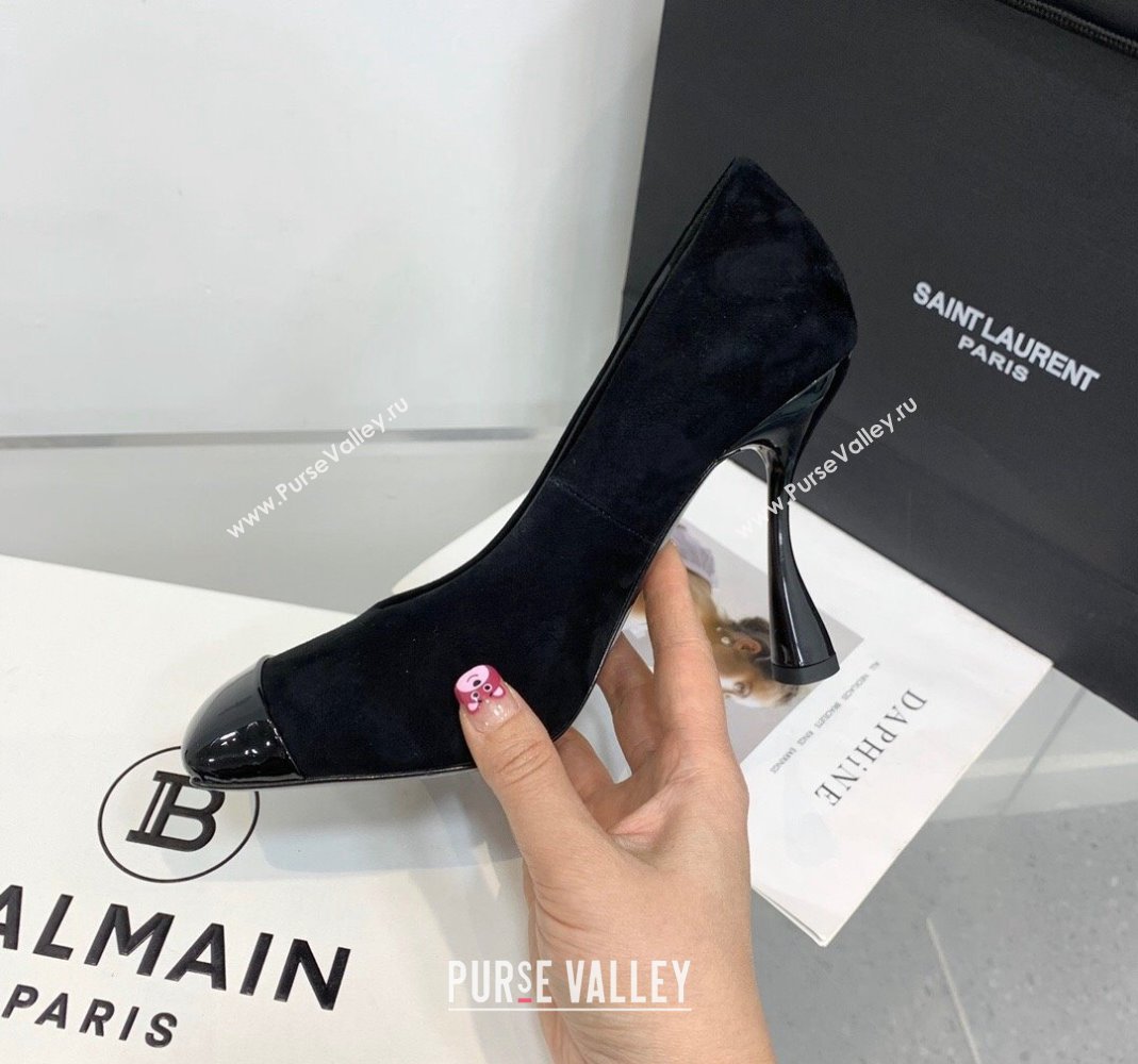 Balmain Square Pumps 10cm in Suede and Patent Leather All Black 2024 0105 (KER-240105004)