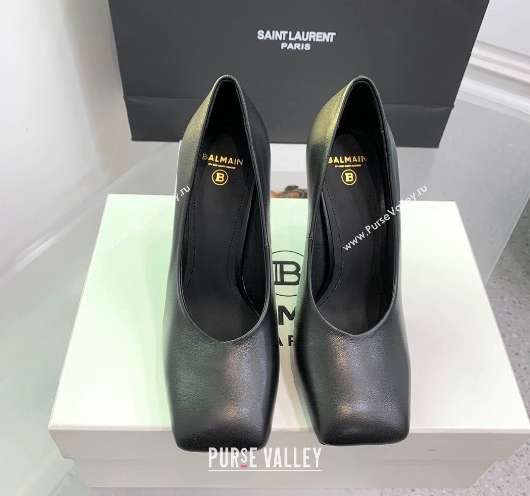 Balmain Square Pumps 10cm in Shiny Calfskin Leather Black 2024 0105 (KER-240105010)