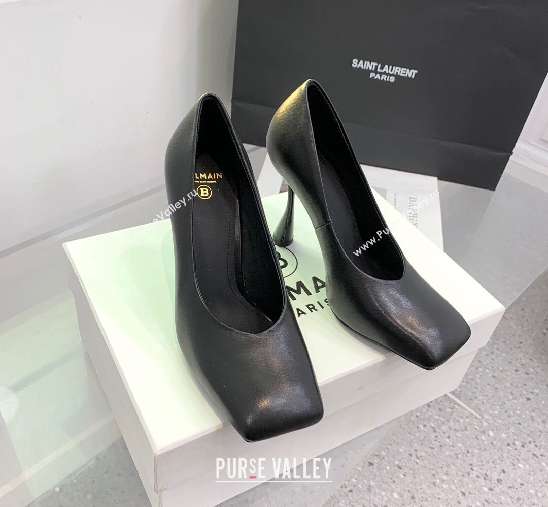Balmain Square Pumps 10cm in Shiny Calfskin Leather Black 2024 0105 (KER-240105010)