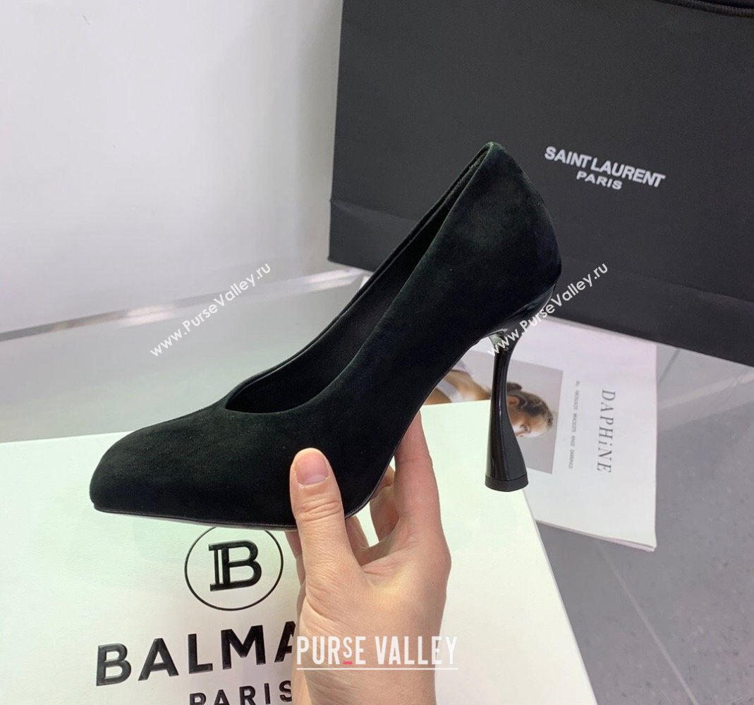 Balmain Square Pumps 10cm in Suede Black 2 2024 0105 (KER-240105007)