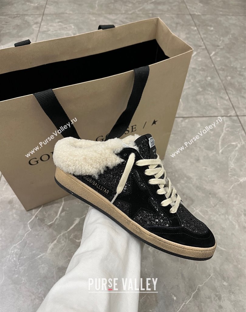 Golden Goose Ball Star Sabots Mules in black glitter with black star and shearling lining 2024 (13-240105015)