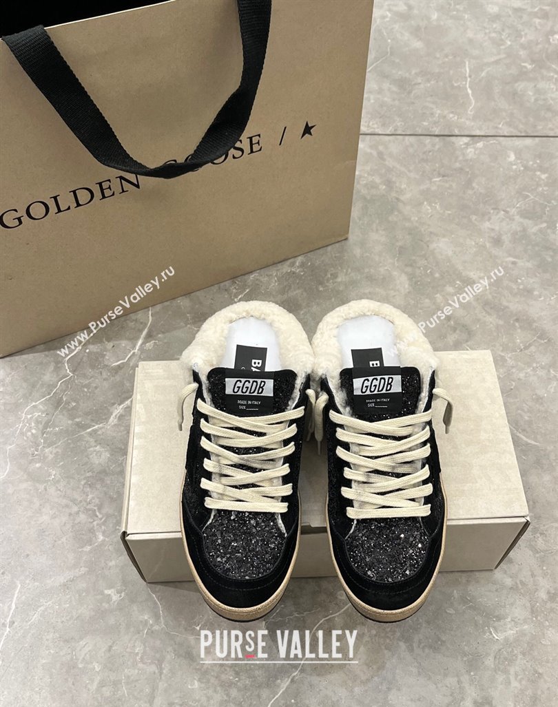 Golden Goose Ball Star Sabots Mules in black glitter with black star and shearling lining 2024 (13-240105015)