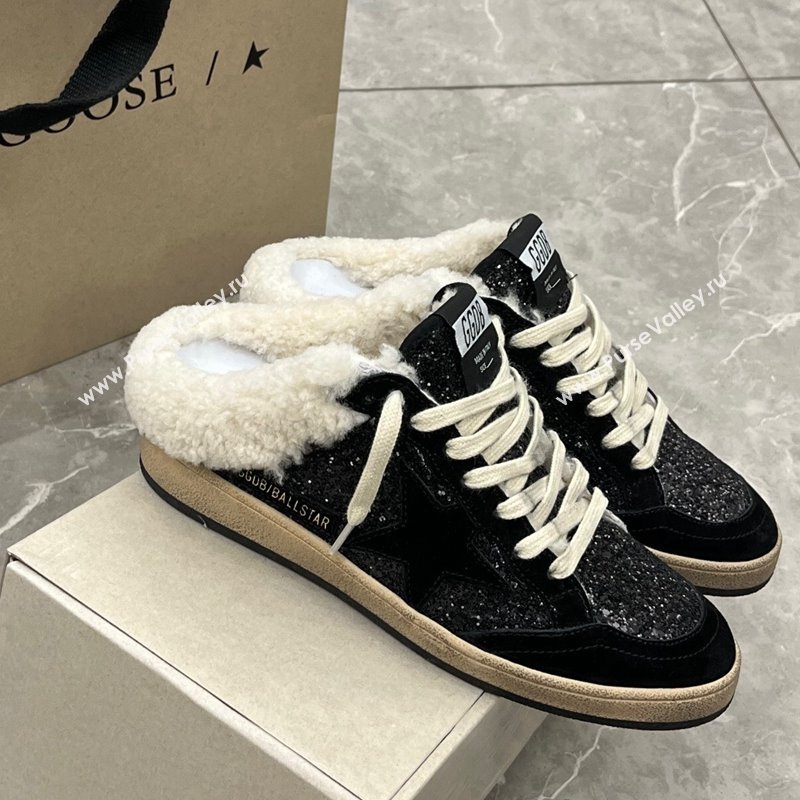 Golden Goose Ball Star Sabots Mules in black glitter with black star and shearling lining 2024 (13-240105015)