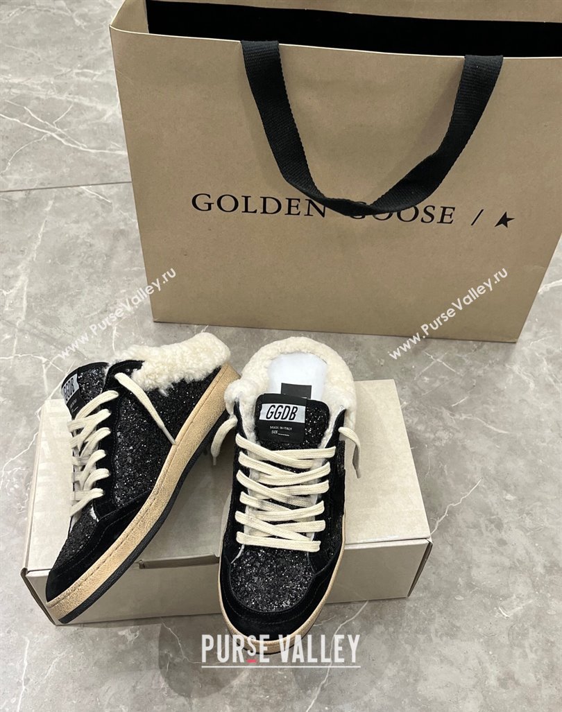 Golden Goose Ball Star Sabots Mules in black glitter with black star and shearling lining 2024 (13-240105015)