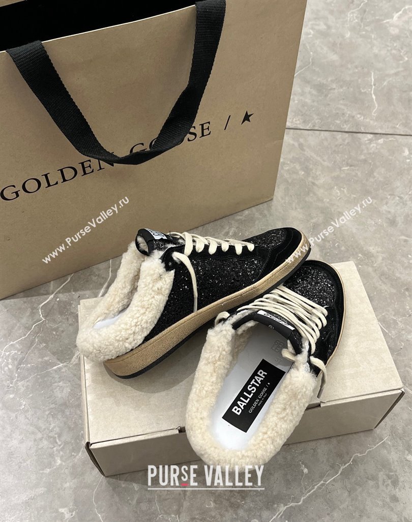 Golden Goose Ball Star Sabots Mules in black glitter with black star and shearling lining 2024 (13-240105015)