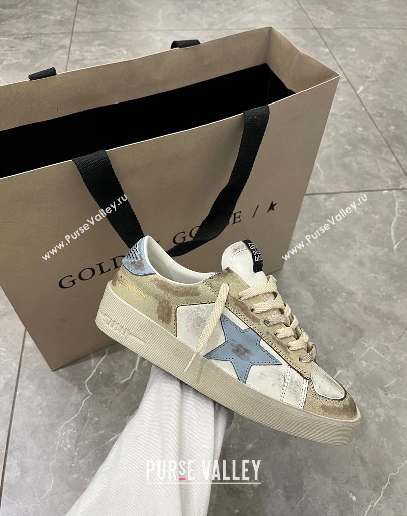 Golden Goose Stardan sneakers in white and gold leather with blue star and heel tab 2024 (13-240105022)