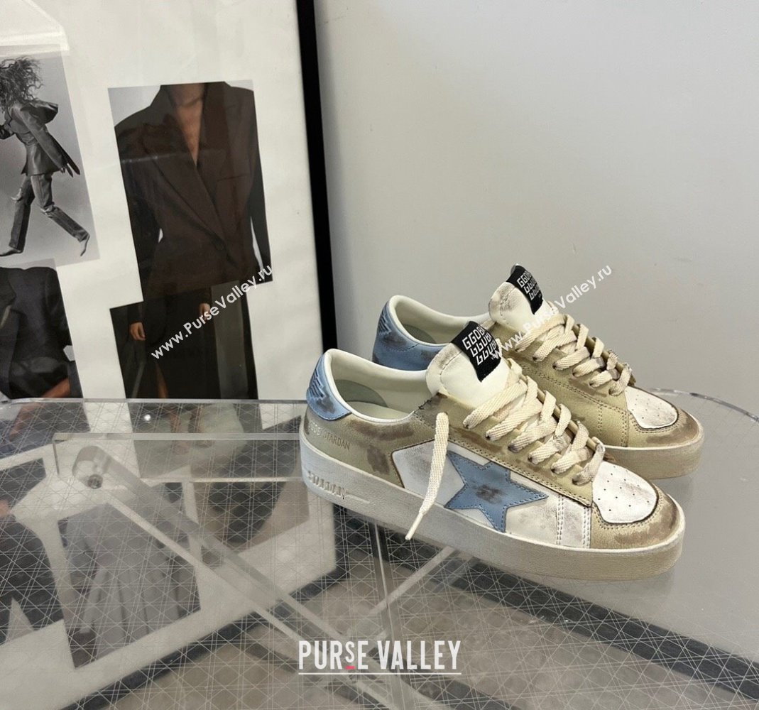 Golden Goose Stardan sneakers in white and gold leather with blue star and heel tab 2024 (13-240105022)