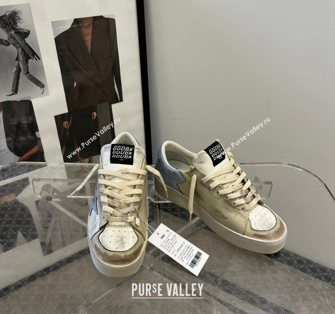 Golden Goose Stardan sneakers in white and gold leather with blue star and heel tab 2024 (13-240105022)