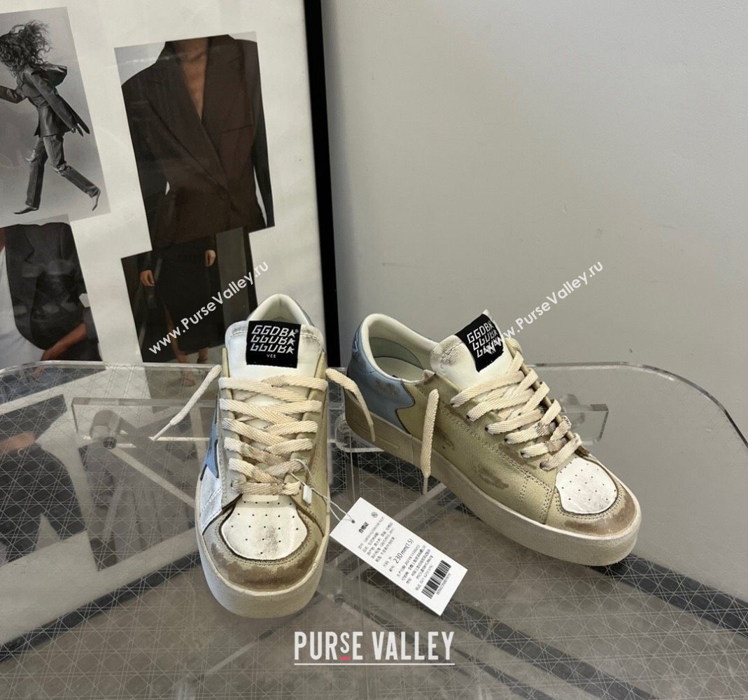 Golden Goose Stardan sneakers in white and gold leather with blue star and heel tab 2024 (13-240105022)