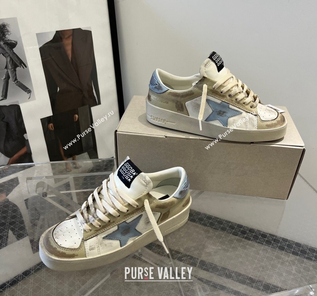 Golden Goose Stardan sneakers in white and gold leather with blue star and heel tab 2024 (13-240105022)