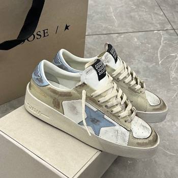 Golden Goose Stardan sneakers in white and gold leather with blue star and heel tab 2024 (13-240105022)