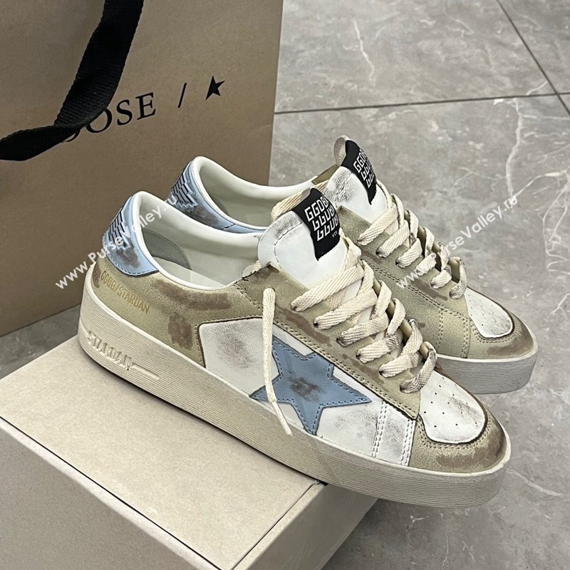 Golden Goose Stardan sneakers in white and gold leather with blue star and heel tab 2024 (13-240105022)