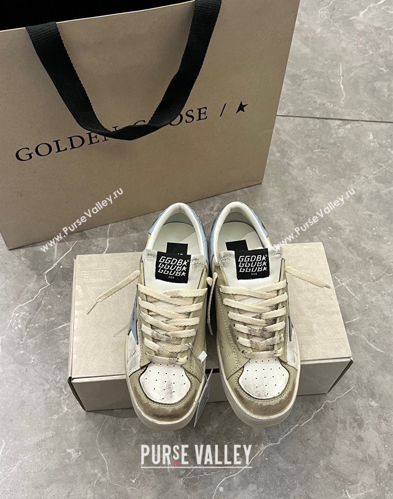 Golden Goose Stardan sneakers in white and gold leather with blue star and heel tab 2024 (13-240105022)