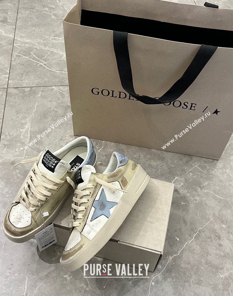 Golden Goose Stardan sneakers in white and gold leather with blue star and heel tab 2024 (13-240105022)